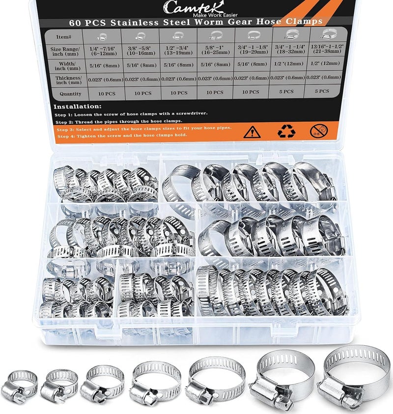 Camtek 60PCS Hose Clamps, Stainless Steel Adjustable 6-38mm Range Worm Gear Hose Clamp Duct Clamp Pipe Clamp Fuel Line Clamp for Plumbing, Automotive and Mechanical Applications Assortment Kit - Image 1