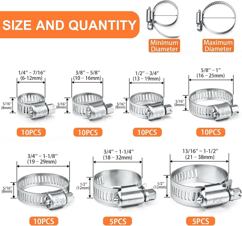 Camtek 60PCS Hose Clamps, Stainless Steel Adjustable 6-38mm Range Worm Gear Hose Clamp Duct Clamp Pipe Clamp Fuel Line Clamp for Plumbing, Automotive and Mechanical Applications Assortment Kit - Image 2