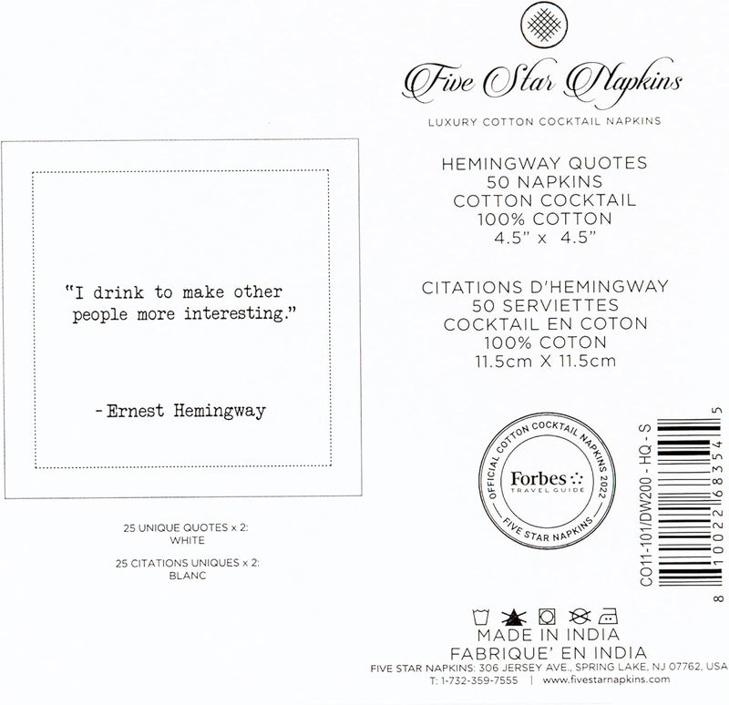 Five Star Napkins Hemingway Quotes White Cotton Cocktail Napkins Beverage Napkins Bar Napkins Cloth Napkins Party Napkins Events Holidays Weddings Birthdays Disposable 45 x 45 50x - Image 5