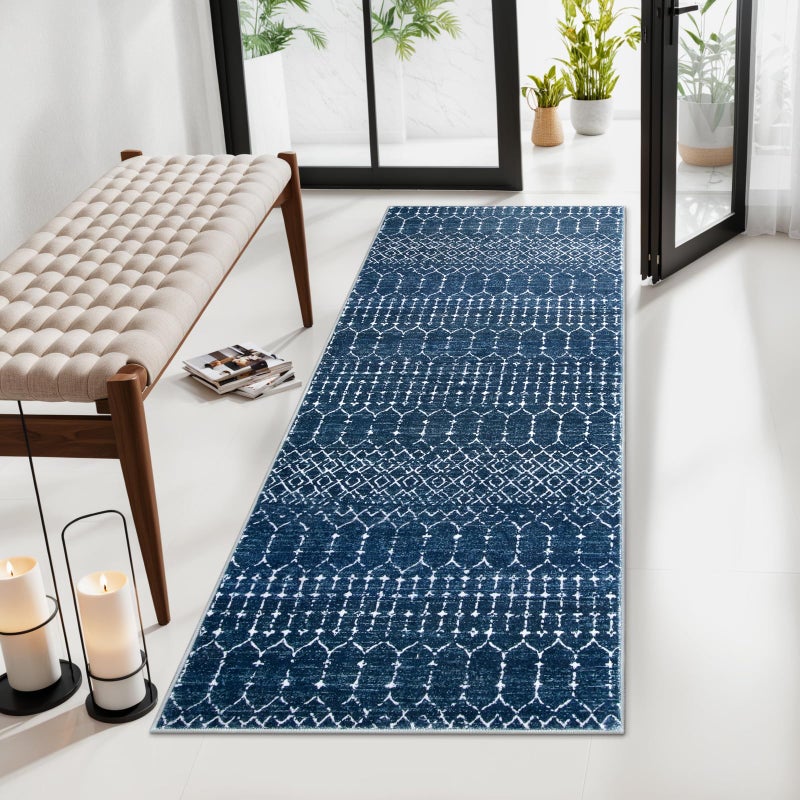 La Home Lahome Moroccan Runner Rugs for Hallway 2x4 Bathroom Rugs NonSlip Small Throw Kitchen Carpet LowPile Mat for Entryway Laundry Room Mat Geometric Indoor Carpert for Entrance Bath Hana Blue - Image 2