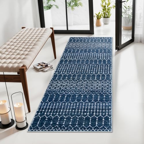 La Home Lahome Moroccan Runner Rugs for Hallway 2x4 Bathroom Rugs NonSlip Small Throw Kitchen Carpet LowPile Mat for Entryway Laundry Room Mat Geometric Indoor Carpert for Entrance Bath Hana Blue - Image 1