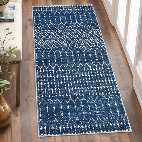 La Home Lahome Moroccan Runner Rugs for Hallway 2x4 Bathroom Rugs NonSlip Small Throw Kitchen Carpet LowPile Mat for Entryway Laundry Room Mat Geometric Indoor Carpert for Entrance Bath Hana Blue - Image 3