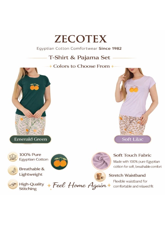 زيكوتكس  طقم بيجامة كلاسيكي للنساء M-3XL – بلوزة برتقالية مطرزة وبنطلون مطبوع ملابس نوم وراحة قصيرة الأكمام من القطن – ملابس منزلية فاخرة مصنوعة من القطن المصري – صنع في مصر - Image 5