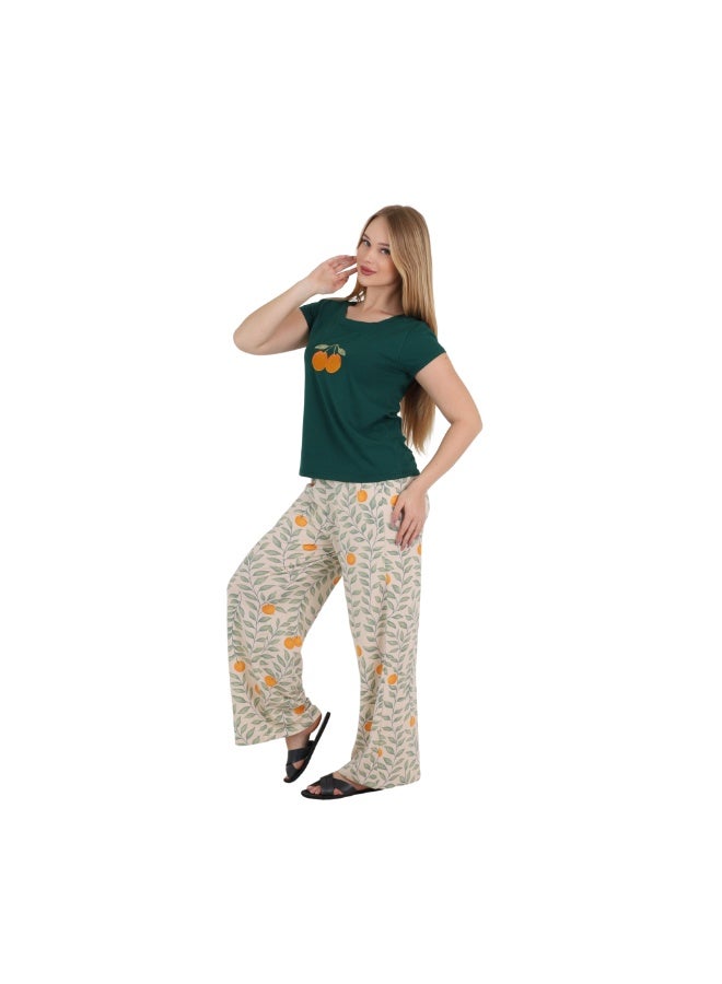 زيكوتكس  طقم بيجامة كلاسيكي للنساء M-3XL – بلوزة برتقالية مطرزة وبنطلون مطبوع ملابس نوم وراحة قصيرة الأكمام من القطن – ملابس منزلية فاخرة مصنوعة من القطن المصري – صنع في مصر - Image 1