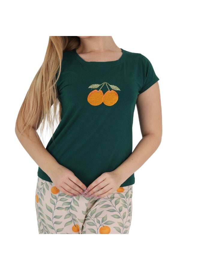 زيكوتكس  طقم بيجامة كلاسيكي للنساء M-3XL – بلوزة برتقالية مطرزة وبنطلون مطبوع ملابس نوم وراحة قصيرة الأكمام من القطن – ملابس منزلية فاخرة مصنوعة من القطن المصري – صنع في مصر - Image 4