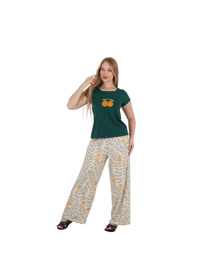 زيكوتكس  طقم بيجامة كلاسيكي للنساء M-3XL – بلوزة برتقالية مطرزة وبنطلون مطبوع ملابس نوم وراحة قصيرة الأكمام من القطن – ملابس منزلية فاخرة مصنوعة من القطن المصري – صنع في مصر - Image 3