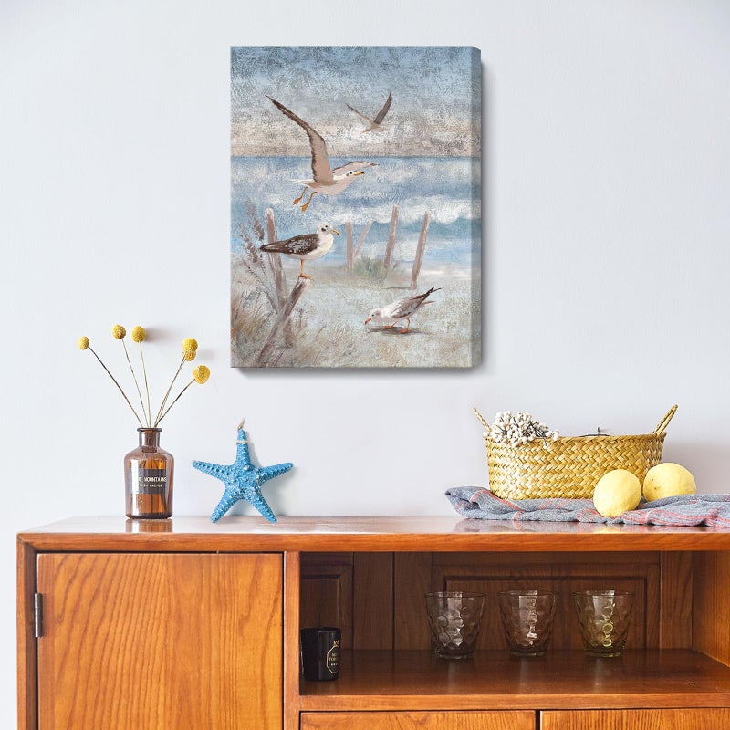 ARTZON Beach Wall Art Bathroom Decor Ocean Theme Canvas Print Coastal Painting Perching Bird by The Sea Shore Abstract Seascape Picture Framed Artwork for Bedroom Living Room Office Ready to Hang 12x16inch