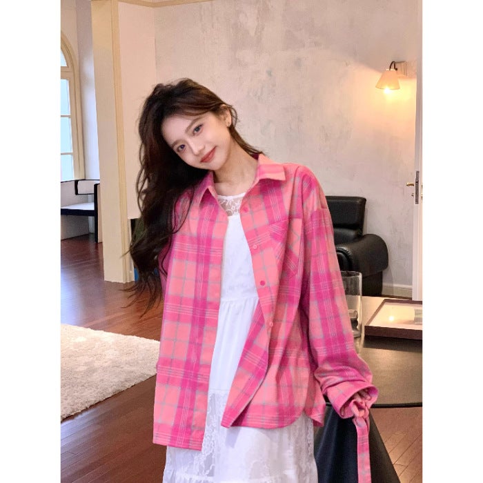 Pink Plaid Long Sleeve Polo Shirt for Women Pink