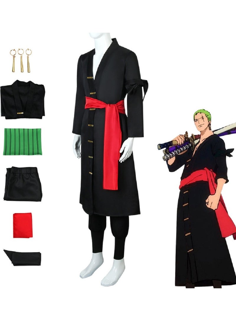 Gerenic Roronoa Zoro Cosplay Costume, Coat + Trousers + Waist Band + Belt + Turban + Earrings, Anime Kimono Suit  - Image 1