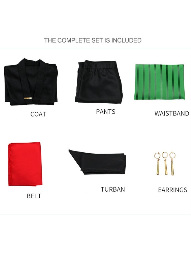Gerenic Roronoa Zoro Cosplay Costume, Coat + Trousers + Waist Band + Belt + Turban + Earrings, Anime Kimono Suit  - Image 4