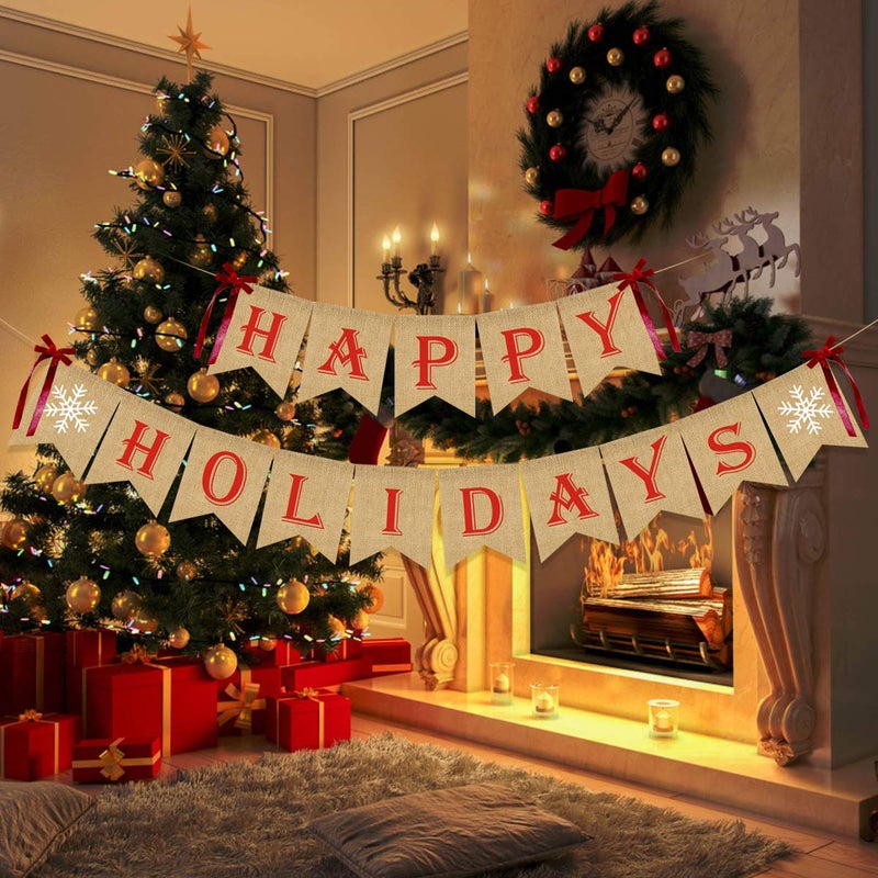 LeeSky Happy Holidays Banner Burlap- Christmas Banner Burlap  Happy Holidays Decor  Burlap Christmas Decorations  Christmas Party Decorations  Christmas Decorations for Home Office Mantel - Image 2