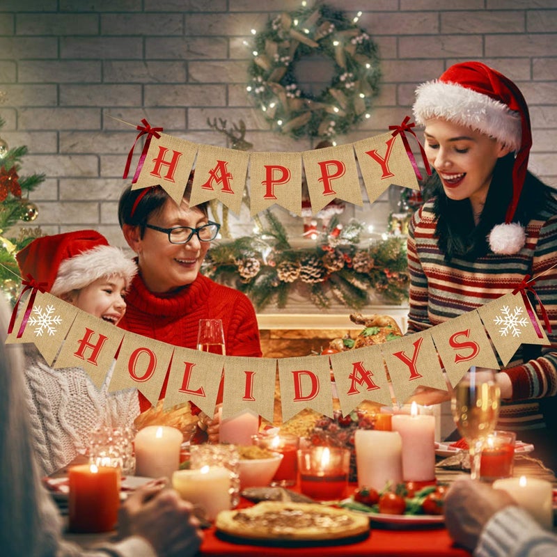 LeeSky Happy Holidays Banner Burlap- Christmas Banner Burlap  Happy Holidays Decor  Burlap Christmas Decorations  Christmas Party Decorations  Christmas Decorations for Home Office Mantel - Image 3