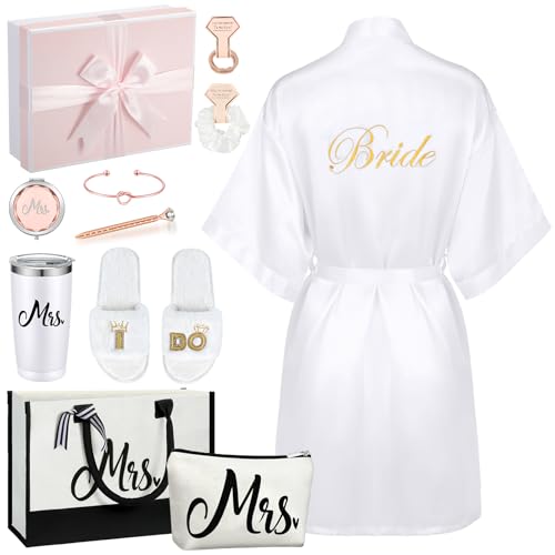 Berlune 14 Pcs Mrs. Gifts Box Sets Short Satin Robes Canvas Tote Bag Stainless Steel Tumbler Slippers for Wedding - Image 1