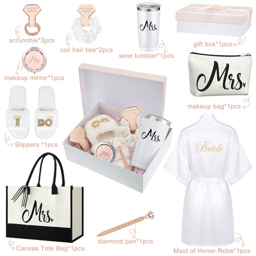 Berlune 14 Pcs Mrs. Gifts Box Sets Short Satin Robes Canvas Tote Bag Stainless Steel Tumbler Slippers for Wedding - Image 2