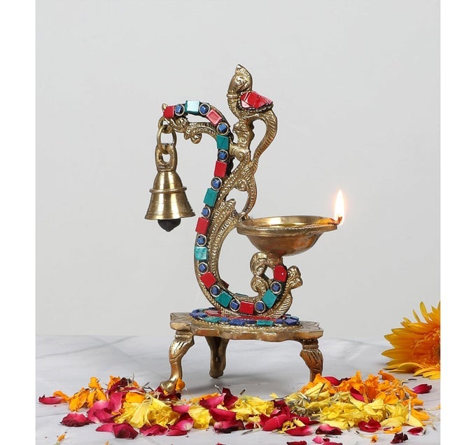 GEMSTONE WORK ETHNIC CARVED PEACOCK DESIGN BRASS DIYA WITH BELL BRASS ANTIQUE OIL LAMP BRASS DIYAS FOR HOME SIZE 8 INCHES STANDARD PACK OF 1