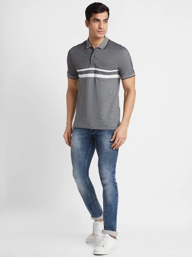 globus Globus Men Black Striped Cotton Regular Fit Casual Polo T-shirt