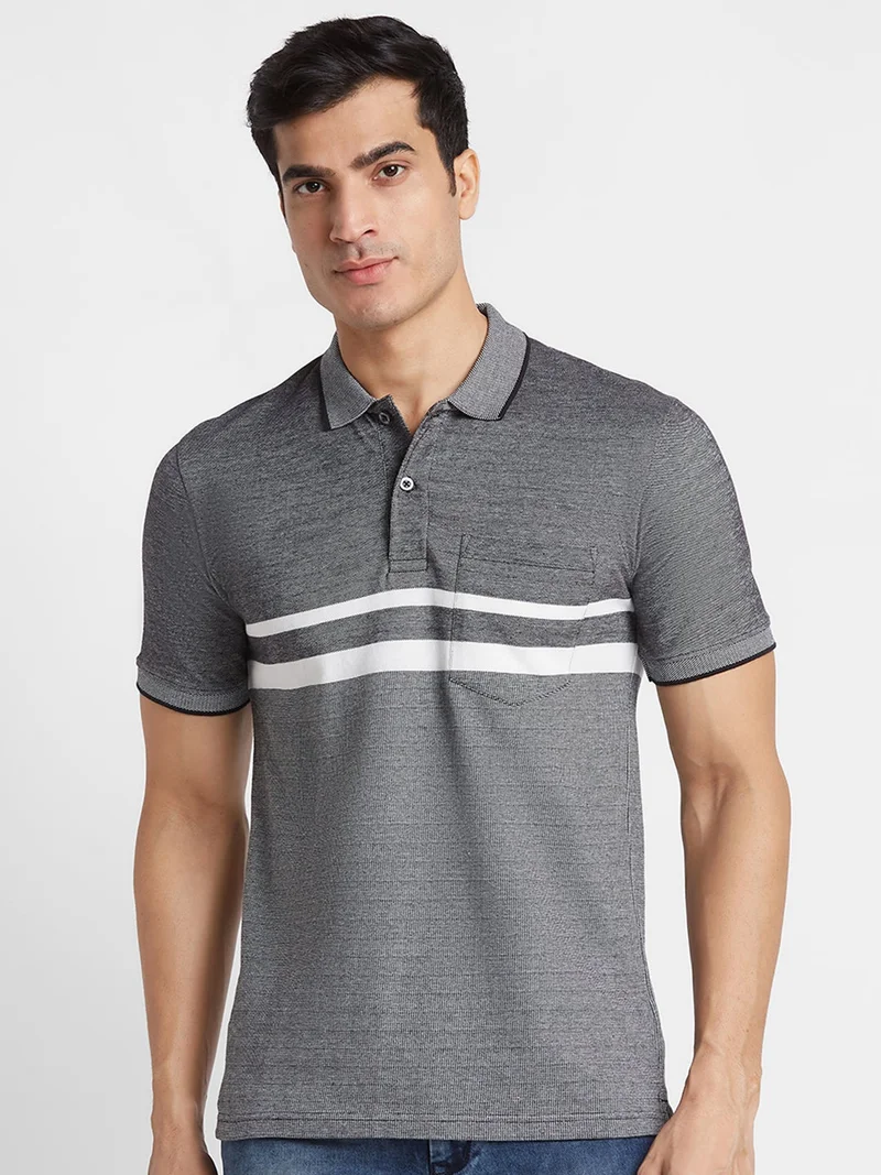 globus Globus Men Black Striped Cotton Regular Fit Casual Polo T-shirt