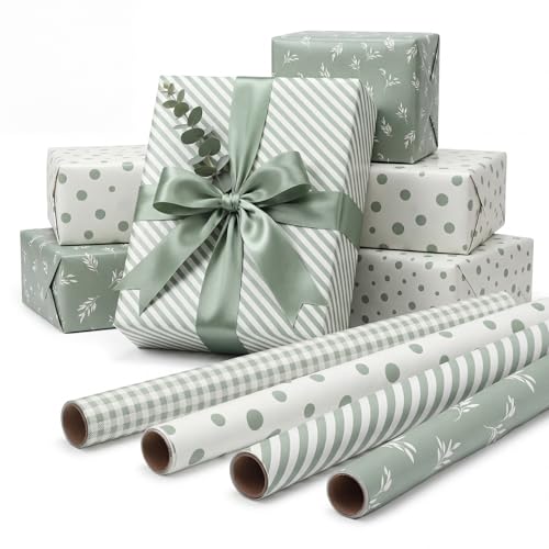 woric 4 Rolls Sage Green Wrapping Paper Neutral Wrapping Paper with Stripe Polka Dot Check Beige Leaves Design for Baby Shower Wedding Bridal Shower Graduation Birthday17 x 120 in Per Roll - Image 1