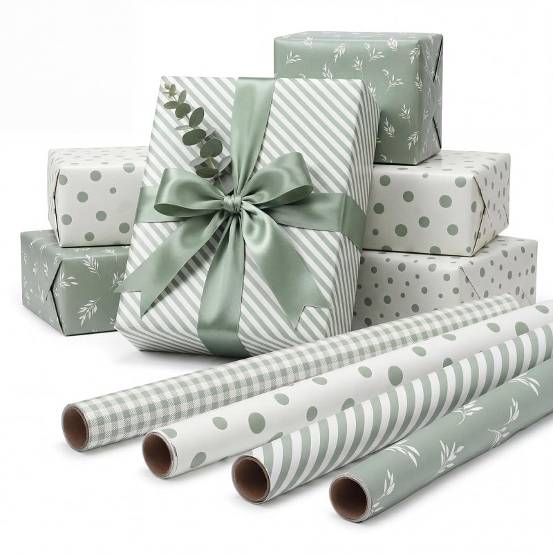 woric 4 Rolls Sage Green Wrapping Paper Neutral Wrapping Paper with Stripe Polka Dot Check Beige Leaves Design for Baby Shower Wedding Bridal Shower Graduation Birthday17 x 120 in Per Roll - Image 2
