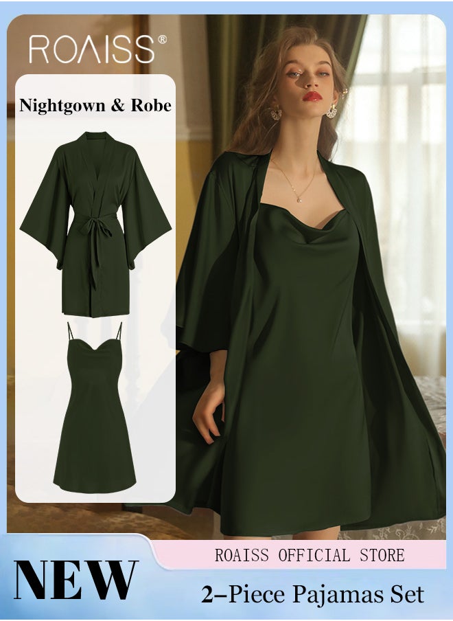 roaiss - 2-Piece Set of Women Pajamas with V-Neck Design Women Home Wear Set Same Color Outer Robe and Lace Element Nightgown - Image 1