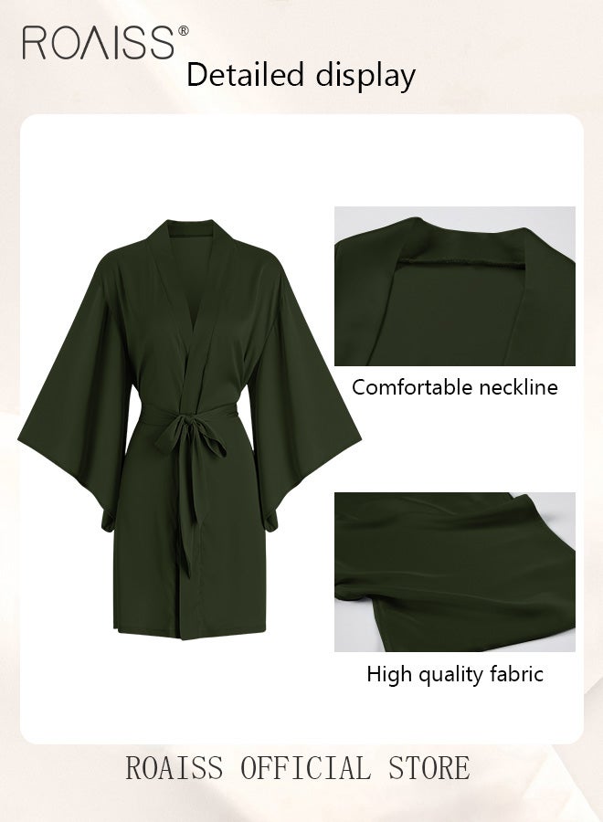 roaiss 2-Piece Set of Women Pajamas with V-Neck Design Women Home Wear Set Same Color Outer Robe and Lace Element Nightgown  - Image 1