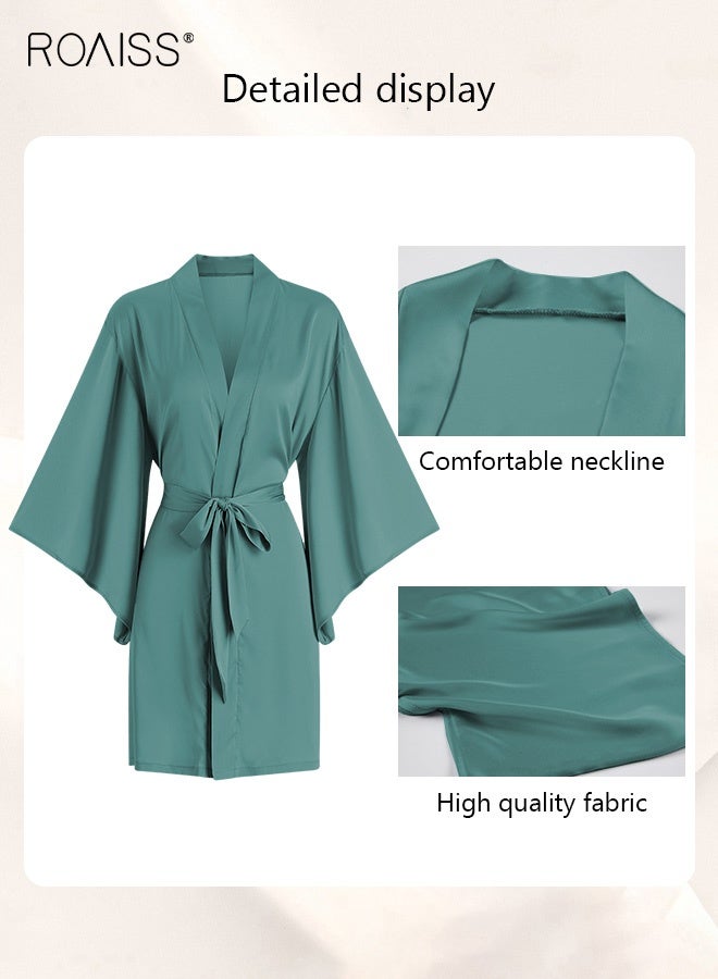 رويس مجموعة مكونة من قطعتين لبيجامات نسائية بتصميم عنق V تحتوي المجموعة على بدلة منزلية للنساء بنفس اللون وروب خارجي وعنصر دانتيل في النايتغاون - Image 2