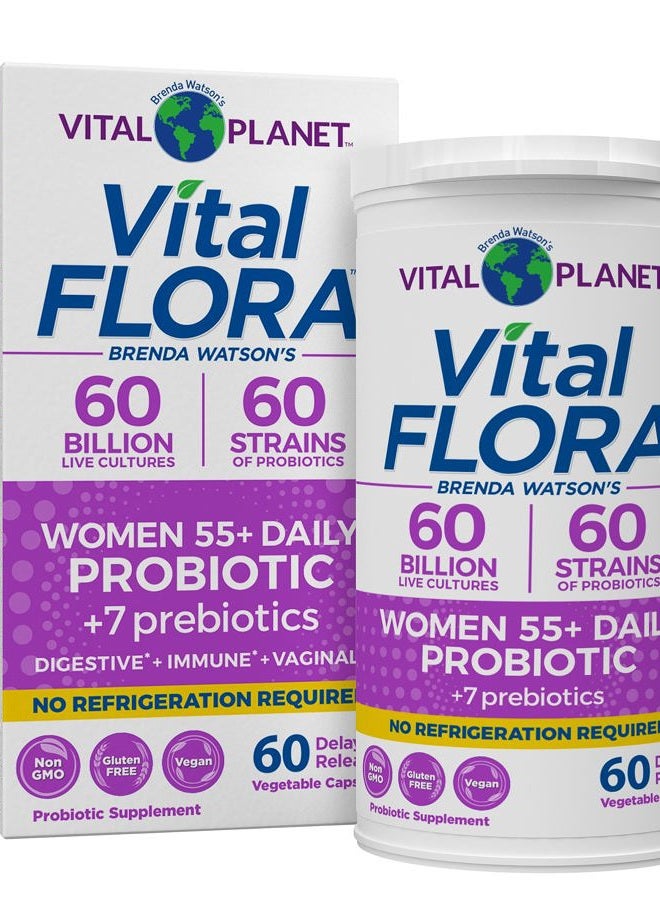 Vital Planet Vital Flora Women Over 55 Daily Probiotic 60 Billion CFU, 60 Diverse Strains, 7 Organic Prebiotics, Immune Support Shelf Stable Digestive Health Probiotics for Women 60 Capsules - Image 1
