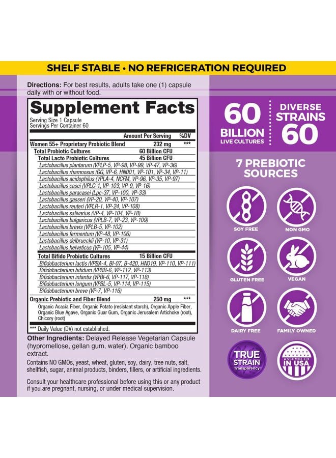 Vital Planet Vital Flora Women Over 55 Daily Probiotic 60 Billion CFU, 60 Diverse Strains, 7 Organic Prebiotics, Immune Support Shelf Stable Digestive Health Probiotics for Women 60 Capsules - Image 2
