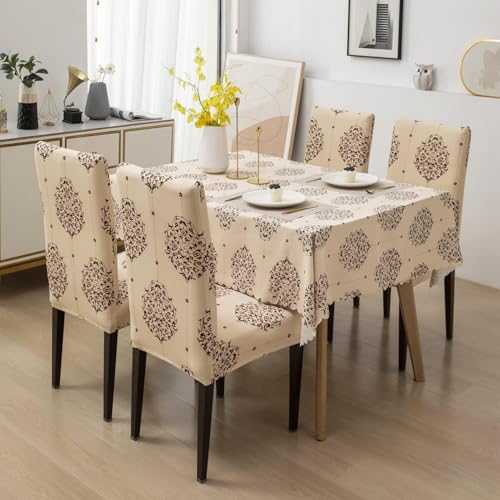 Styleys Dining Chair Cover with Table Covers for Kitchen Waterproof Dining Table Cloth (1 Table Cover + 6 Chair Cover, Cream Brocade, CTSD3132) - Image 1