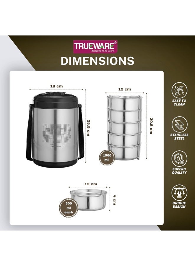 Trueware Legend 5 Stainless Steel PU Insulated Hot and Cold Lunch Box with 5 SS Container 300 ML Each - Image 2