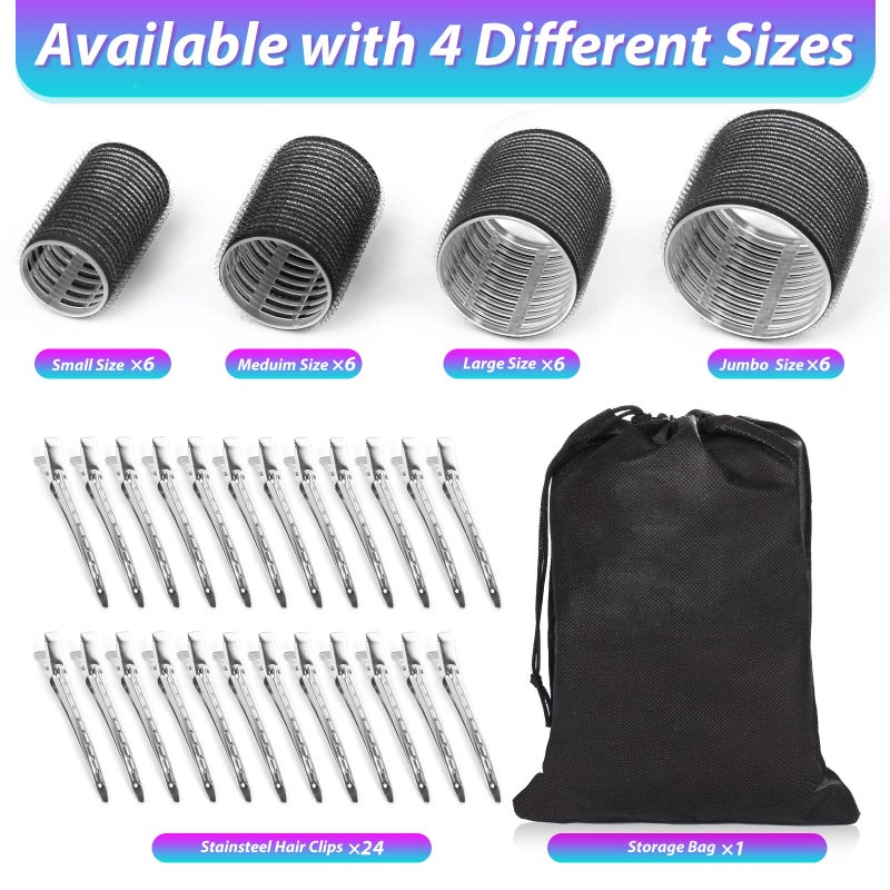 shynek Hair Curlers Set with 24 Rollers (6 Jumbo, 6 Large, 6 Medium, 6 Small) and 24 Clips for All Hair Lengths (Black) - Image 2