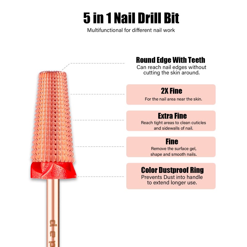 Depvko 5 in 1 Nail Drill Bits, 3/32'' Carbide Tungsten Bits, Two Way Rotate Professional Advanced Safety Bits for Nail, Fast Remove for Manicure Pedicure (Classic 5in1-Rose Gold, Fine-F) - Image 3