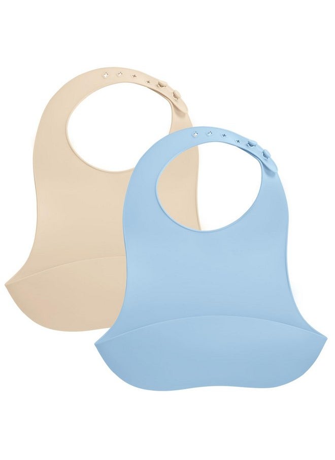 Mombella - Mombella Silicone Bibs For Babies 6-12 Months, Set of 2 Waterproof Adjustable Baby Bibs For Eating, Flexible Toddler Bibs With Food Catcher For Boys Girls, Washable Baby Feeding Esentails, Blue+Brown - Image 1