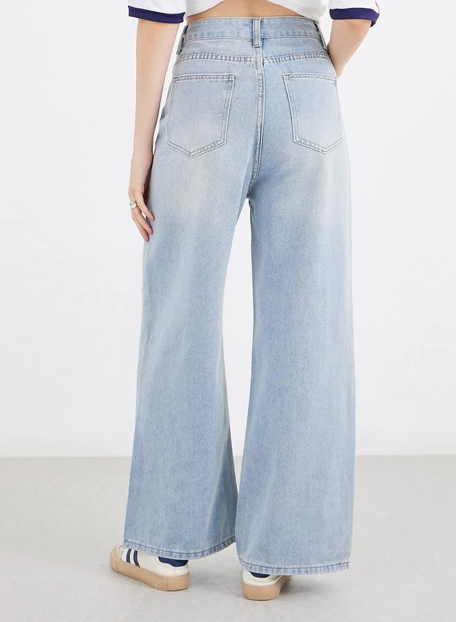 Styli Styli Mid Rise Faded Wide Leg Jeans with Drawstring
