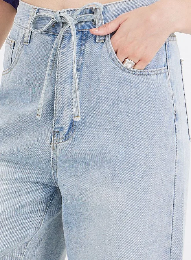 Styli Styli Mid Rise Faded Wide Leg Jeans with Drawstring
