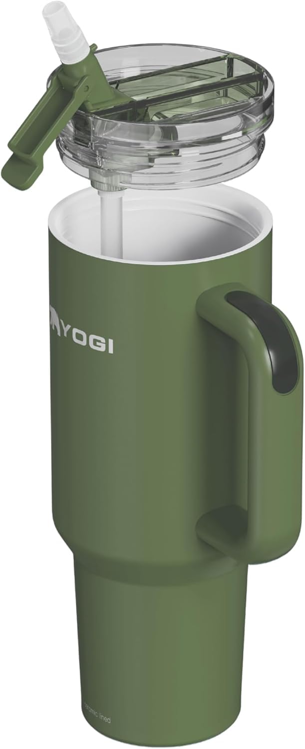 YOGI Ceramic Lined Metal Allergy Safe 40oz Tumbler with Handle and Straw Leakproof Flip Sip Lid Vacuum Insulated Stainless Steel Travel Cup for Iced Coffee Water and AllDay Hydration 40oz Olive - Image 2