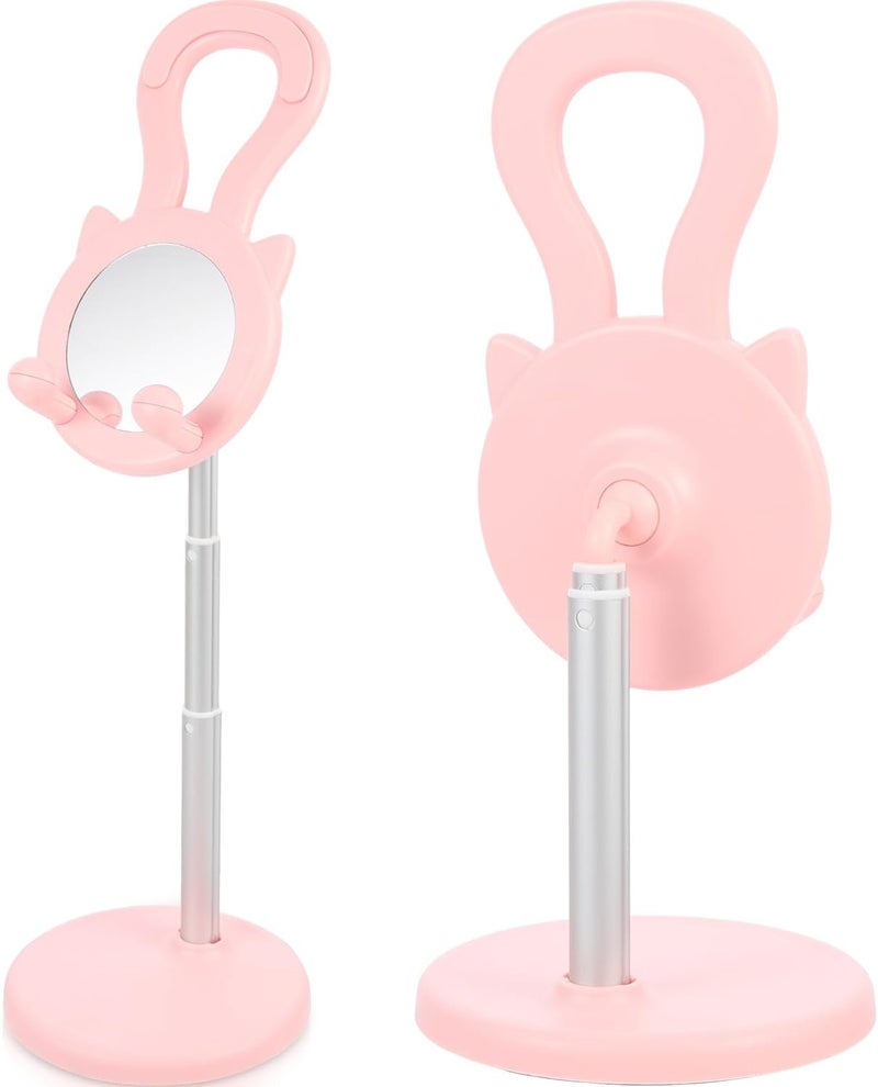 Multifunctional Cartoon Cat Mobile Phone and Tablet Stand with Makeup Mirror Adjustable Desktop Phone Holder for Home and Office Pink Flexible - Image 1