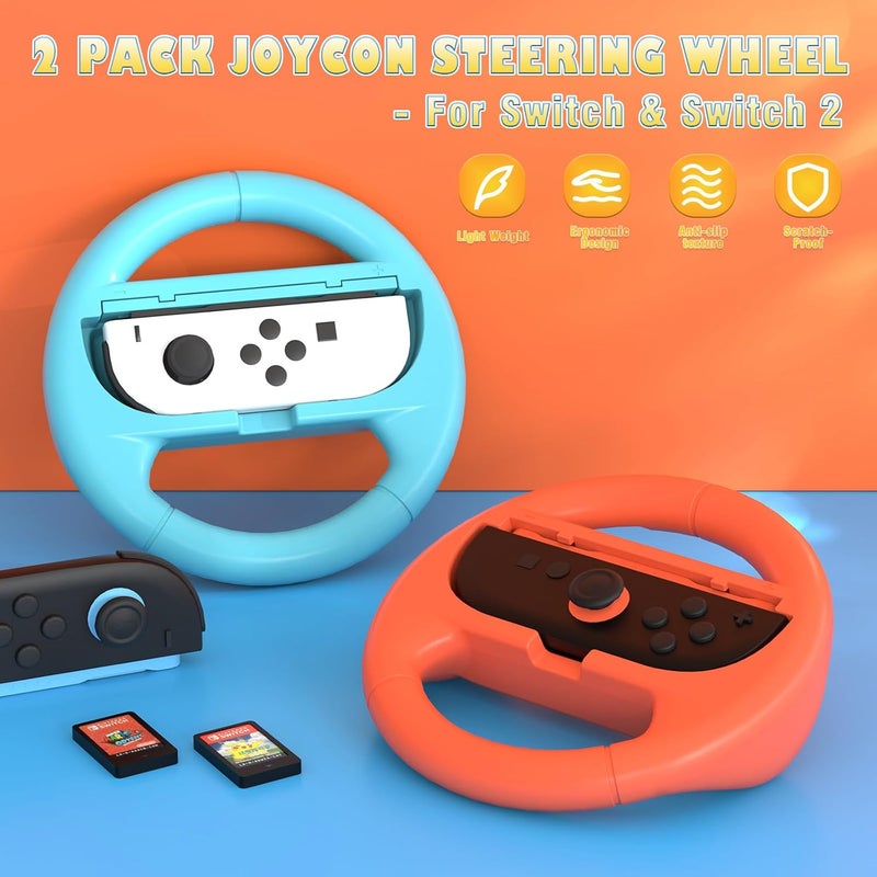 TELANPU 2PACK Steering Wheel Controller for Nintendo Switch & Switch 2 – Compatible with Mario Kart, Zelda, and Racing Games – Joy-Con Accessory for Kids and Adults（Orange and Blue) - Image 2
