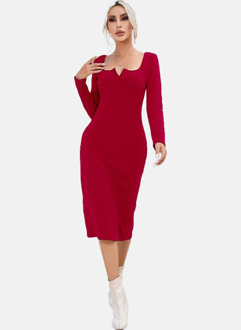 YUNIQEE Red Solid Long Sleeve Sweetheart Neck Midi A-Line Dress