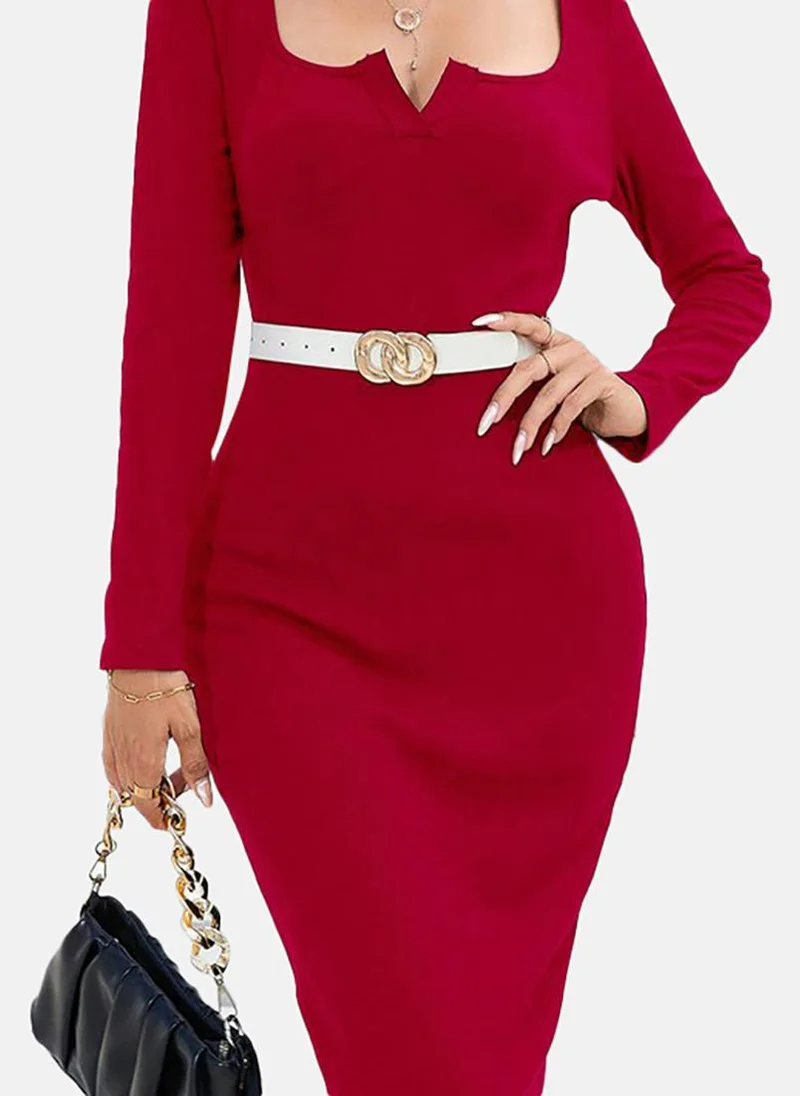 YUNIQEE Red Solid Long Sleeve Sweetheart Neck Midi A-Line Dress