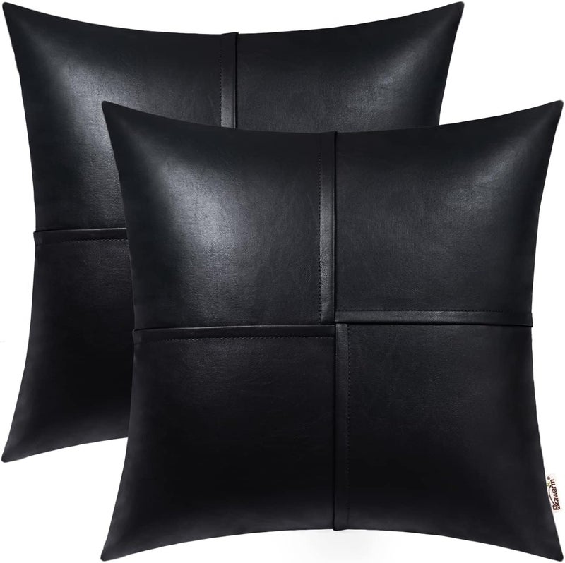 BRAWARM Faux Leather Throw Pillow Covers 18 X 18 Inches, Black Leather Pillow Covers Pack of 2, Hand Stitched Leather Decorative Throw Pillows for Couch Sofa Bed Living Room Home Garden - Image 1