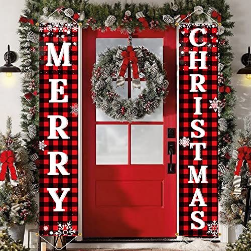 Ivenf Christmas Decorations Outdoor Yard Front Porch Sign Set, Red Black Buffalo Plaid Door Banner, Hanging Merry Christmas Decorations for Home, Indoor Outdoor Xmas Decor Wall Front Door Yard Garage - Image 1