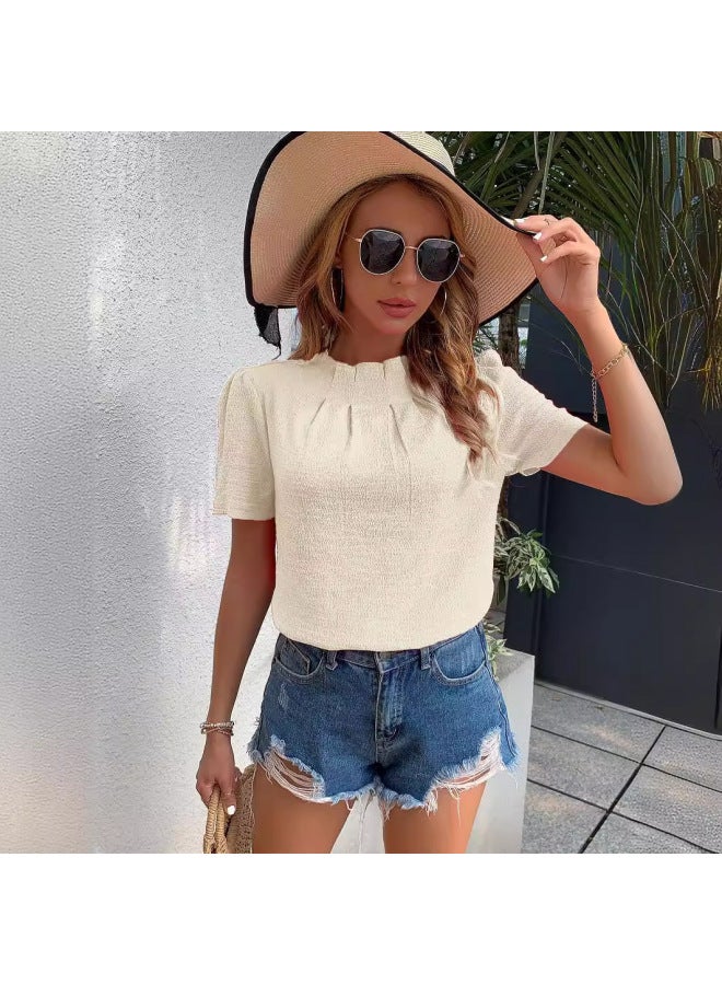 New Round Neck Solid Color Short Sleeve Top - Image 4