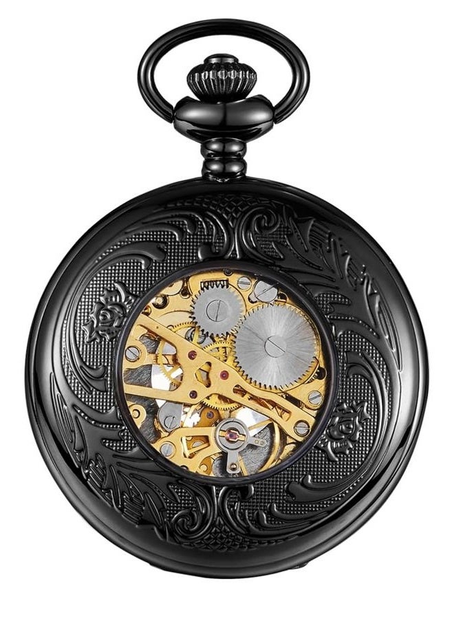 ShoppeWatch Pocket Watch with Chain Black Dial Steampunk Mechanical Hand Wind Up Movement Cosplay PW-19 - Image 3