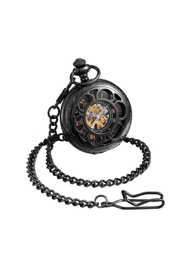 ShoppeWatch Pocket Watch with Chain Black Dial Steampunk Mechanical Hand Wind Up Movement Cosplay PW-19 - Image 4