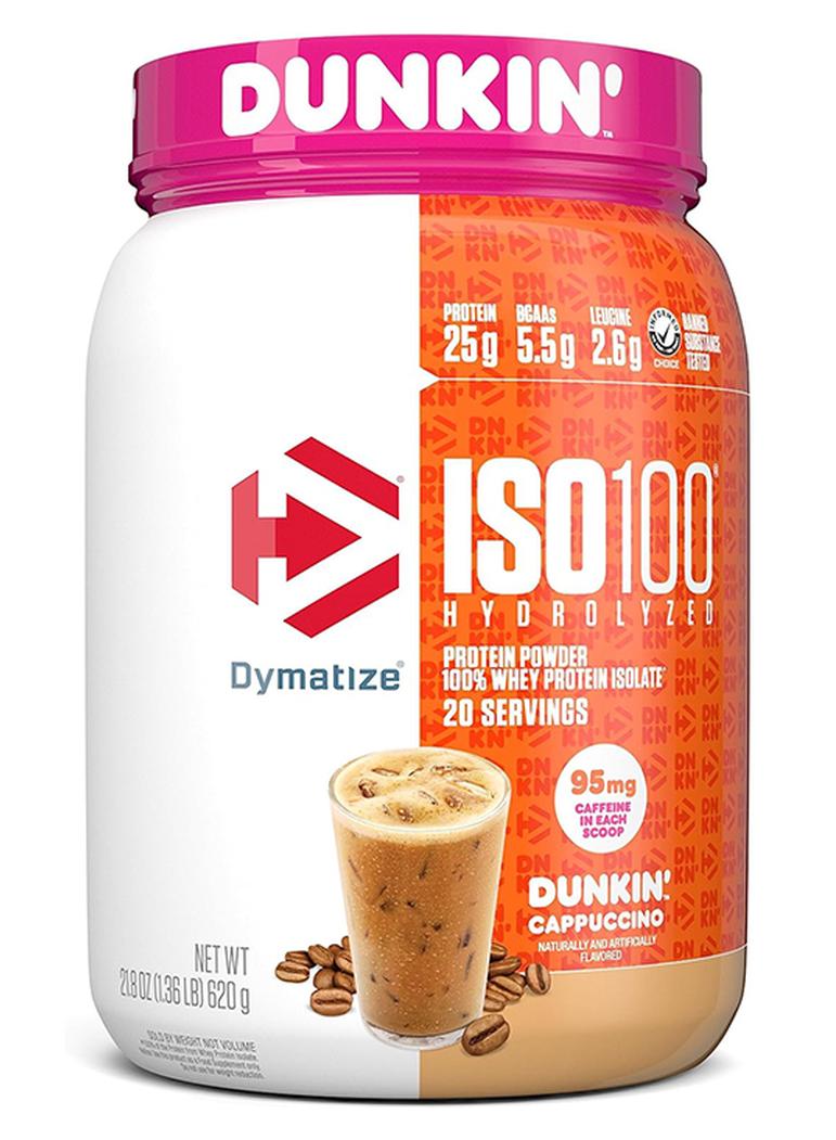 Dymatize x Dunkin' Cappuccino ISO100 Whey Protein Powder, 95mg Caffeine, 25g of Protein, 20 Servings, 5.5g BCAAs, 120 Cal., Gluten Free, 1g Fat, 1g Sugar, 2g Carb - Image 1