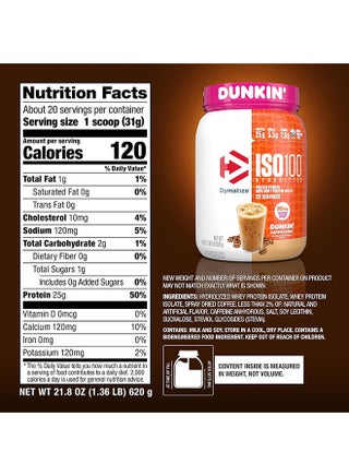 Dymatize x Dunkin' Cappuccino ISO100 Whey Protein Powder, 95mg Caffeine, 25g of Protein, 20 Servings, 5.5g BCAAs, 120 Cal., Gluten Free, 1g Fat, 1g Sugar, 2g Carb - view 5