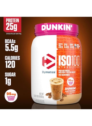 Dymatize x Dunkin' Cappuccino ISO100 Whey Protein Powder, 95mg Caffeine, 25g of Protein, 20 Servings, 5.5g BCAAs, 120 Cal., Gluten Free, 1g Fat, 1g Sugar, 2g Carb - view 3