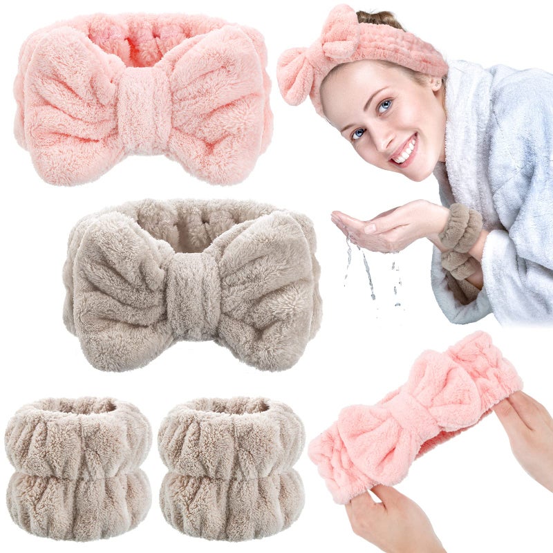 Chuangdi 4 Pcs Microfiber Headband Spa Wristbands and Wrist Bands for Washing Face Cuffs Towel Wristbands Hair Headband Face Wash Cuffs for Women MakeupPink Khaki