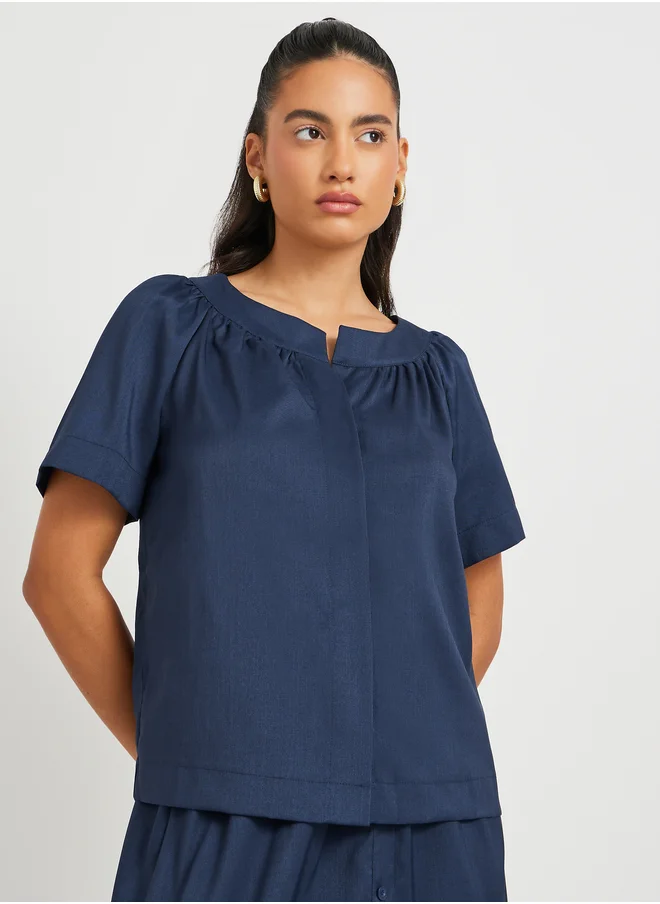 ستايلي Solid Button Front Short Sleeve Top and Skirt Co-Ords